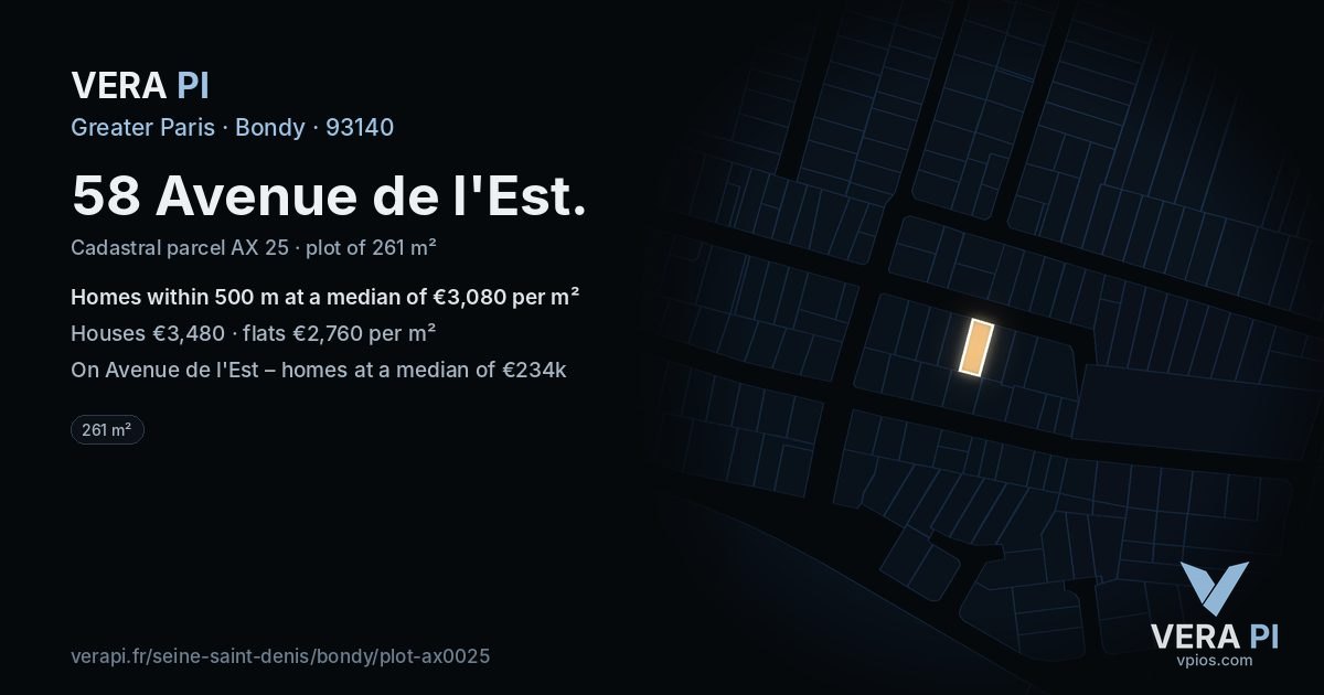 58 Avenue de l'Est, Bondy at night – the plot lit, the parcels around coloured by the prices near them