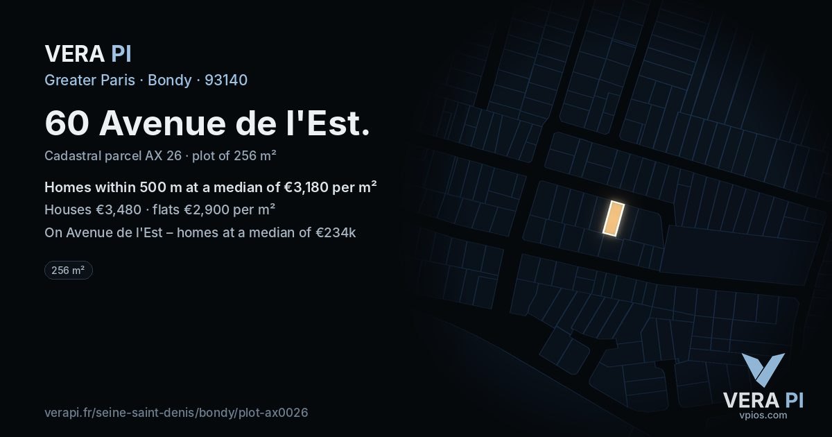 60 Avenue de l'Est, Bondy at night – the plot lit, the parcels around coloured by the prices near them