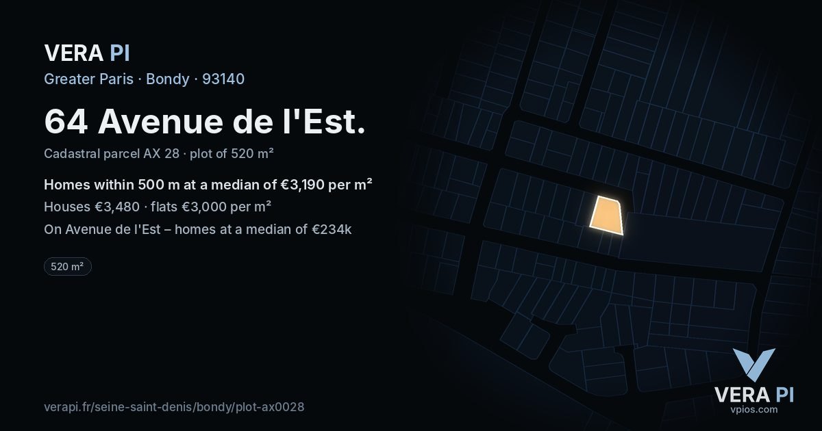 64 Avenue de l'Est, Bondy at night – the plot lit, the parcels around coloured by the prices near them