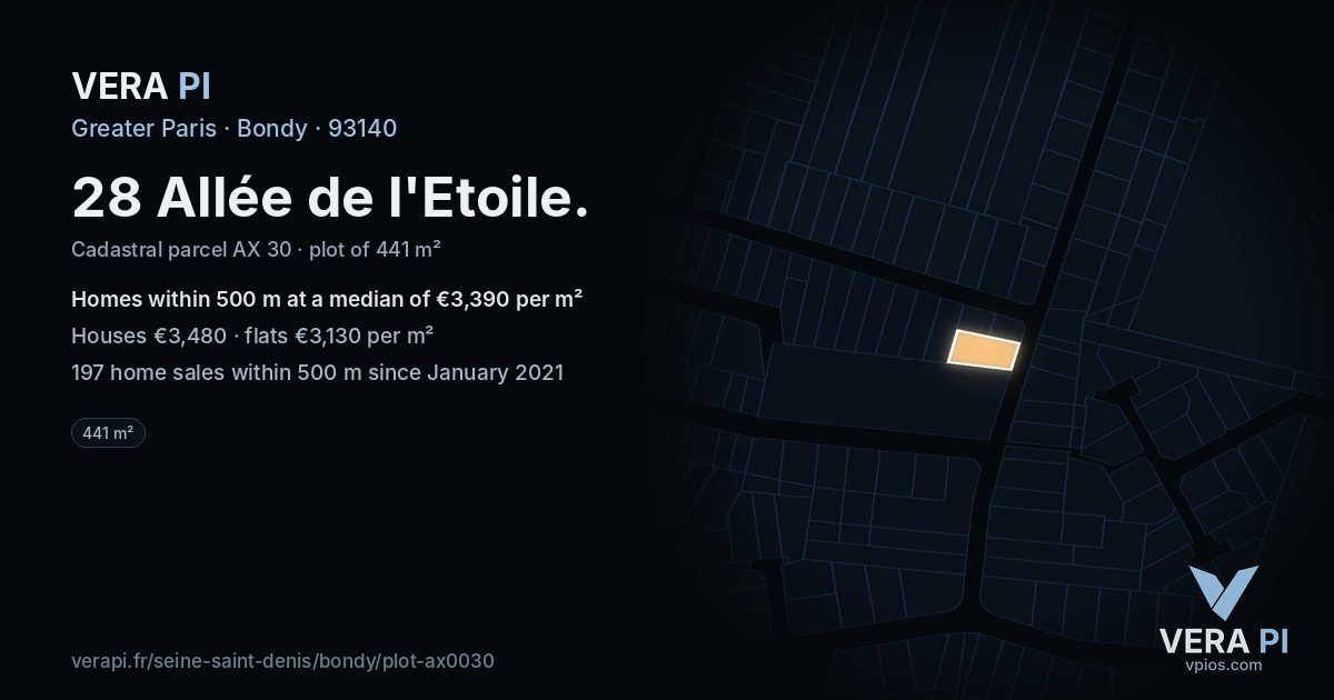 28 Allée de l'Etoile, Bondy at night – the plot lit, the parcels around coloured by the prices near them
