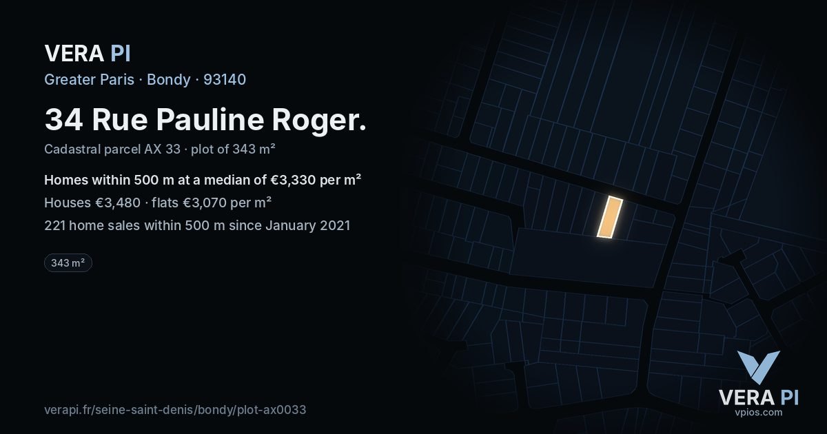 34 Rue Pauline Roger, Bondy at night – the plot lit, the parcels around coloured by the prices near them