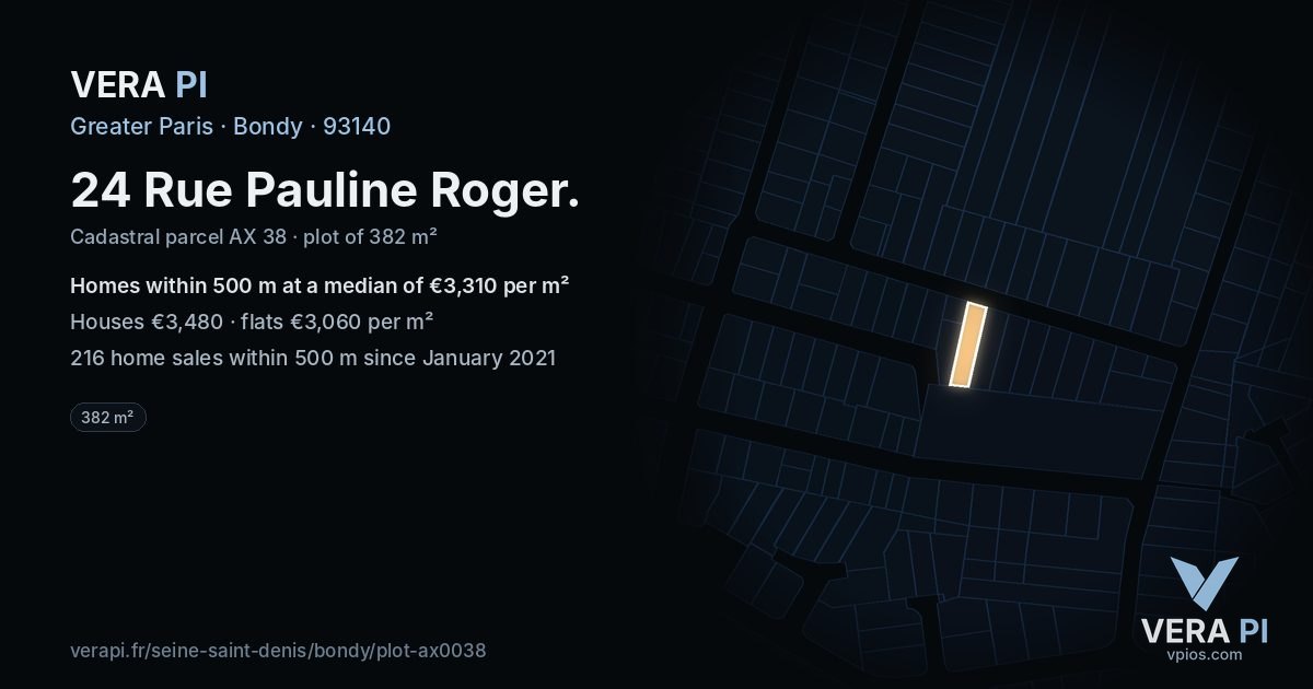 24 Rue Pauline Roger, Bondy at night – the plot lit, the parcels around coloured by the prices near them