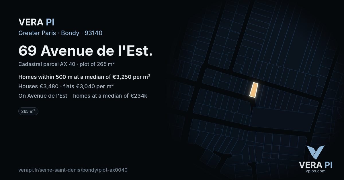 69 Avenue de l'Est, Bondy at night – the plot lit, the parcels around coloured by the prices near them