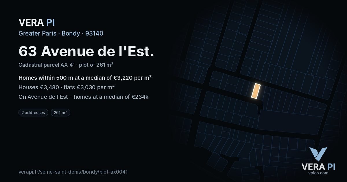 63 Avenue de l'Est, Bondy at night – the plot lit, the parcels around coloured by the prices near them