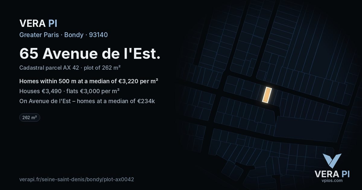 65 Avenue de l'Est, Bondy at night – the plot lit, the parcels around coloured by the prices near them