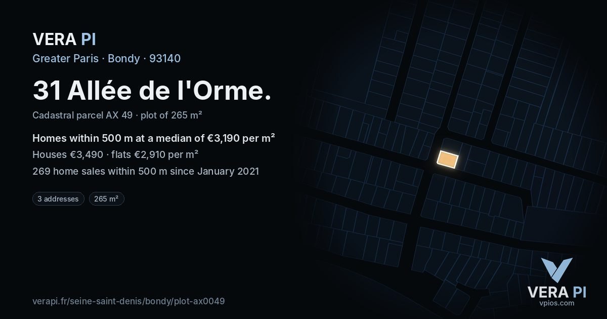 31 Allée de l'Orme, Bondy at night – the plot lit, the parcels around coloured by the prices near them