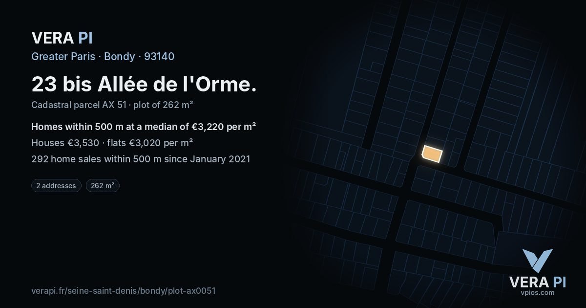 23 bis Allée de l'Orme, Bondy at night – the plot lit, the parcels around coloured by the prices near them