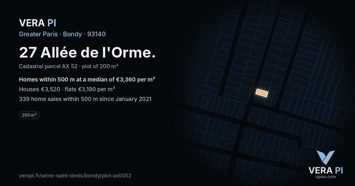 27 Allée de l'Orme, Bondy at night – the plot lit, the parcels around coloured by the prices near them