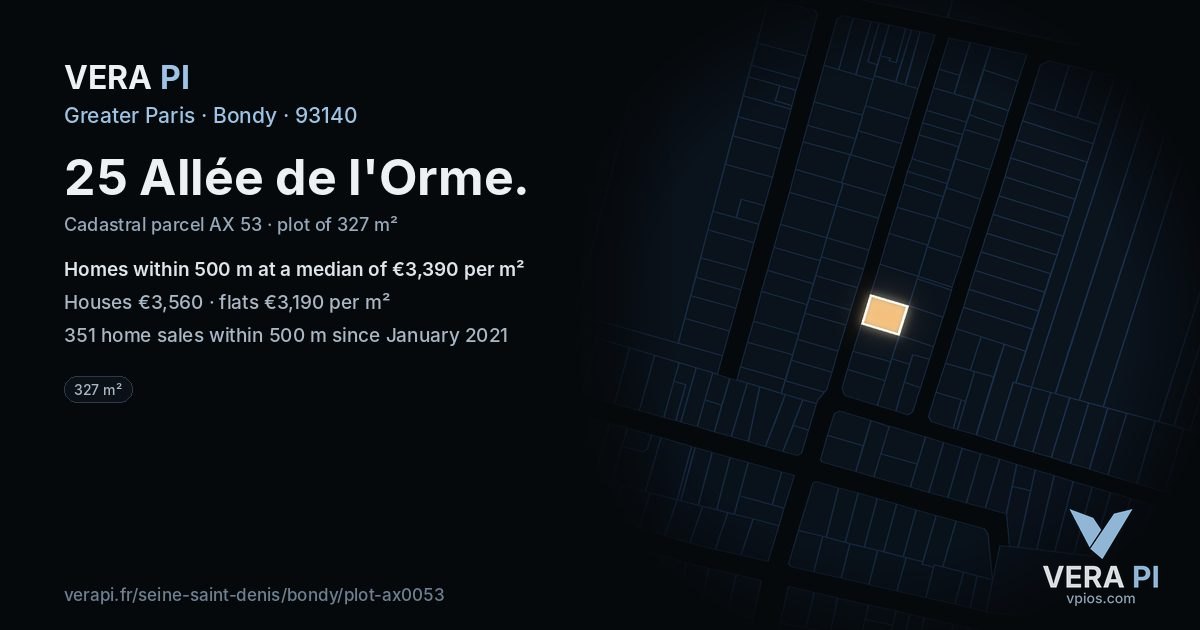 25 Allée de l'Orme, Bondy at night – the plot lit, the parcels around coloured by the prices near them