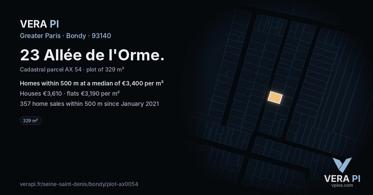 23 Allée de l'Orme, Bondy at night – the plot lit, the parcels around coloured by the prices near them
