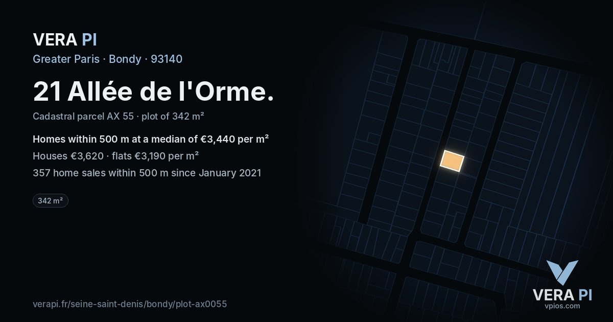 21 Allée de l'Orme, Bondy at night – the plot lit, the parcels around coloured by the prices near them