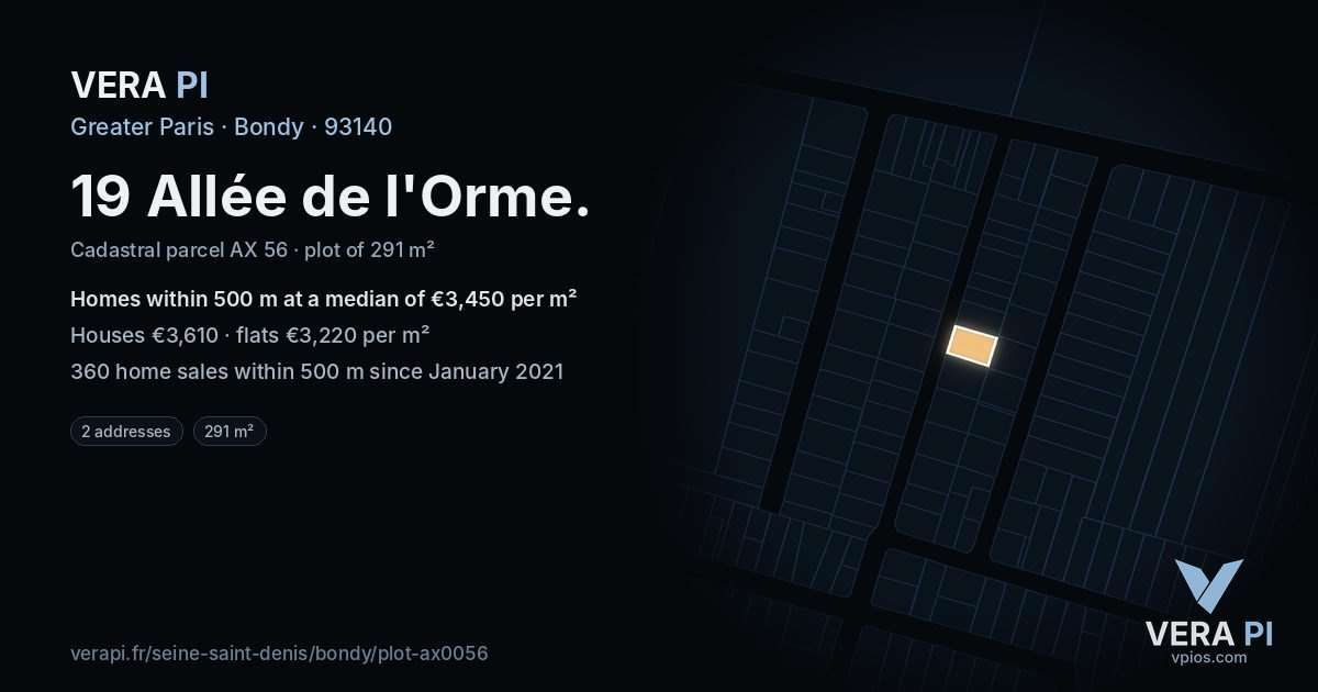 19 Allée de l'Orme, Bondy at night – the plot lit, the parcels around coloured by the prices near them