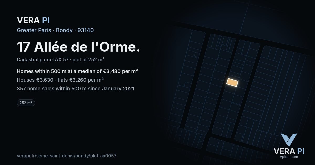 17 Allée de l'Orme, Bondy at night – the plot lit, the parcels around coloured by the prices near them