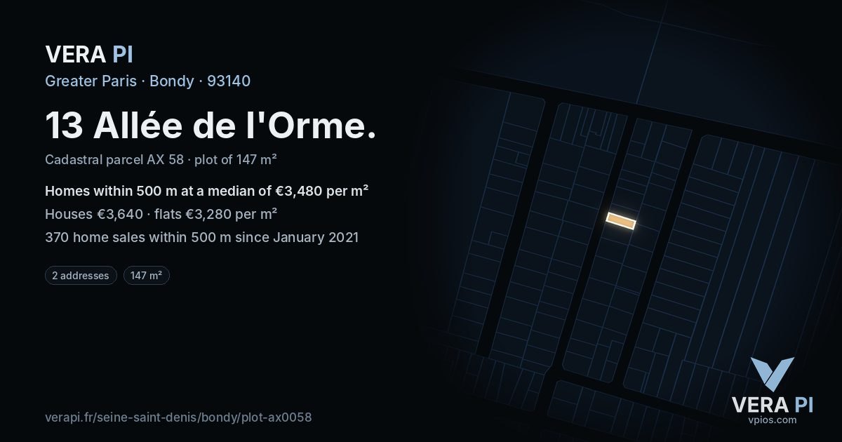 13 Allée de l'Orme, Bondy at night – the plot lit, the parcels around coloured by the prices near them