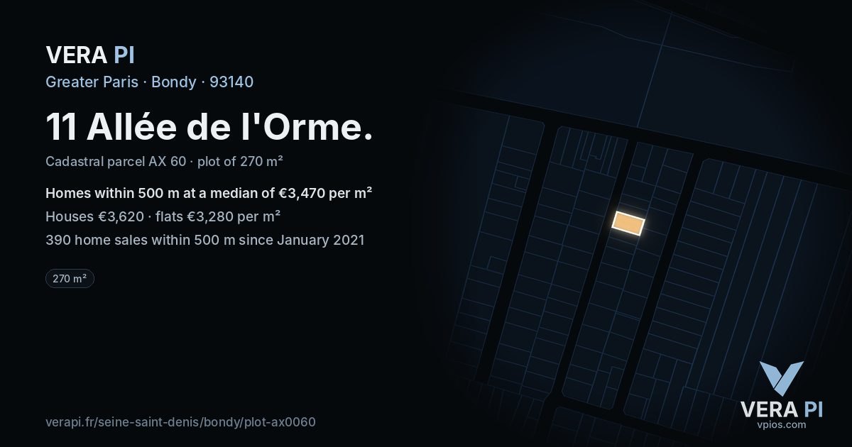 11 Allée de l'Orme, Bondy at night – the plot lit, the parcels around coloured by the prices near them