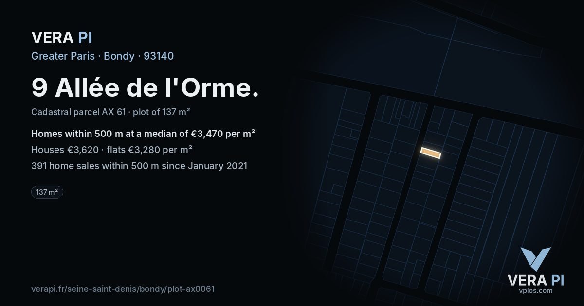 9 Allée de l'Orme, Bondy at night – the plot lit, the parcels around coloured by the prices near them