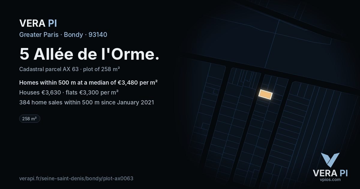 5 Allée de l'Orme, Bondy at night – the plot lit, the parcels around coloured by the prices near them