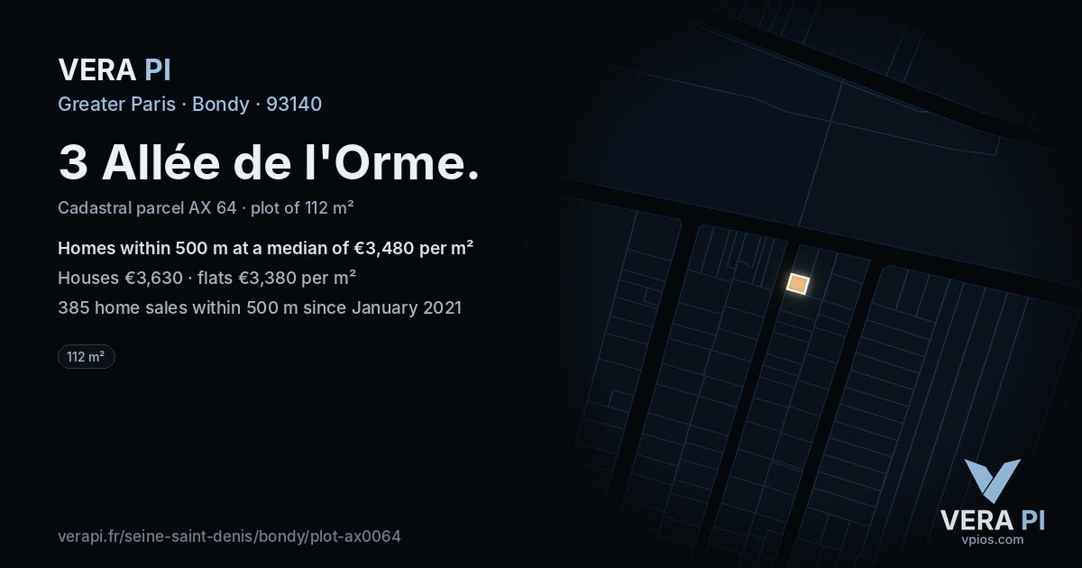 3 Allée de l'Orme, Bondy at night – the plot lit, the parcels around coloured by the prices near them