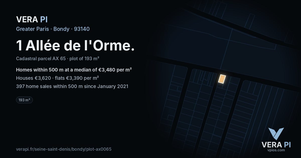 1 Allée de l'Orme, Bondy at night – the plot lit, the parcels around coloured by the prices near them