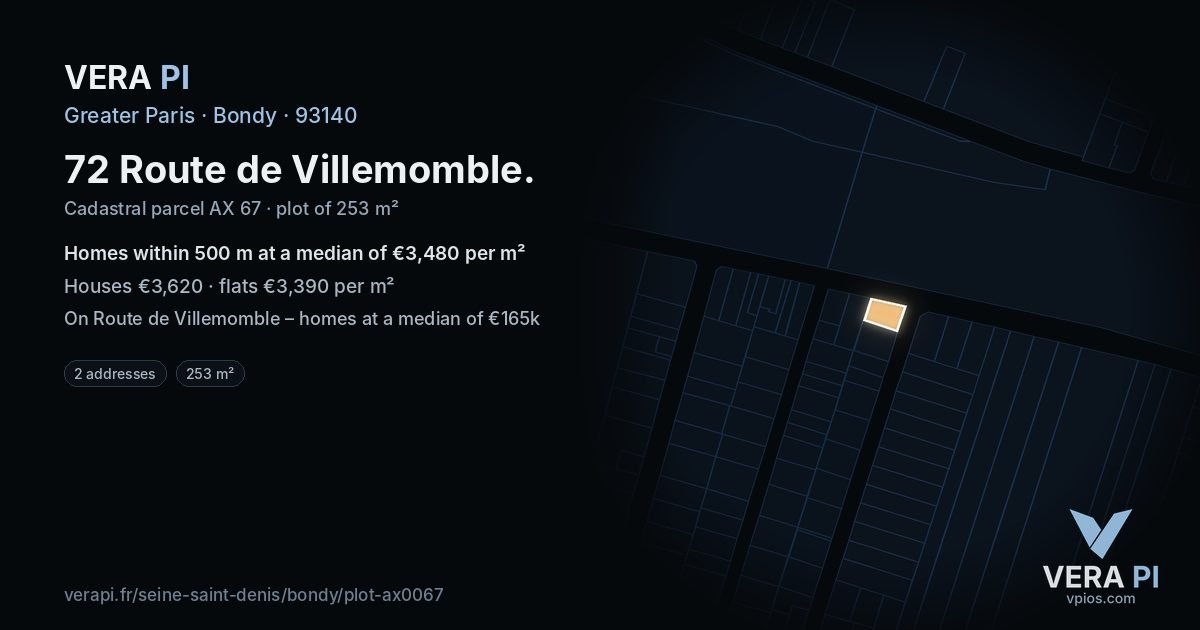72 Route de Villemomble, Bondy at night – the plot lit, the parcels around coloured by the prices near them