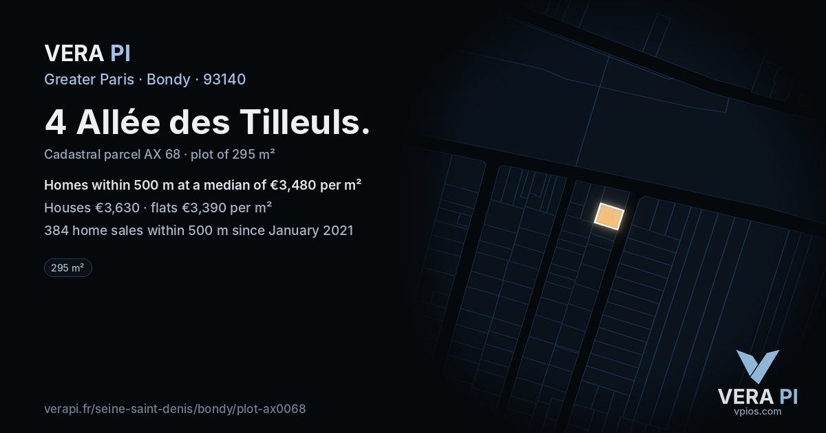4 Allée des Tilleuls, Bondy at night – the plot lit, the parcels around coloured by the prices near them