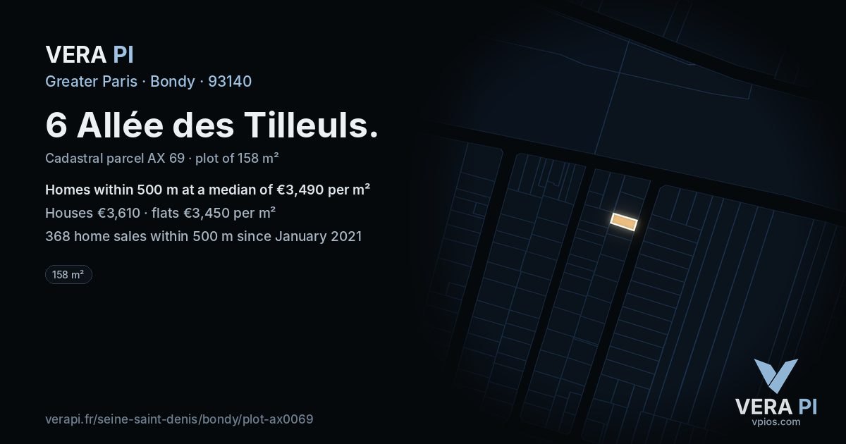 6 Allée des Tilleuls, Bondy at night – the plot lit, the parcels around coloured by the prices near them