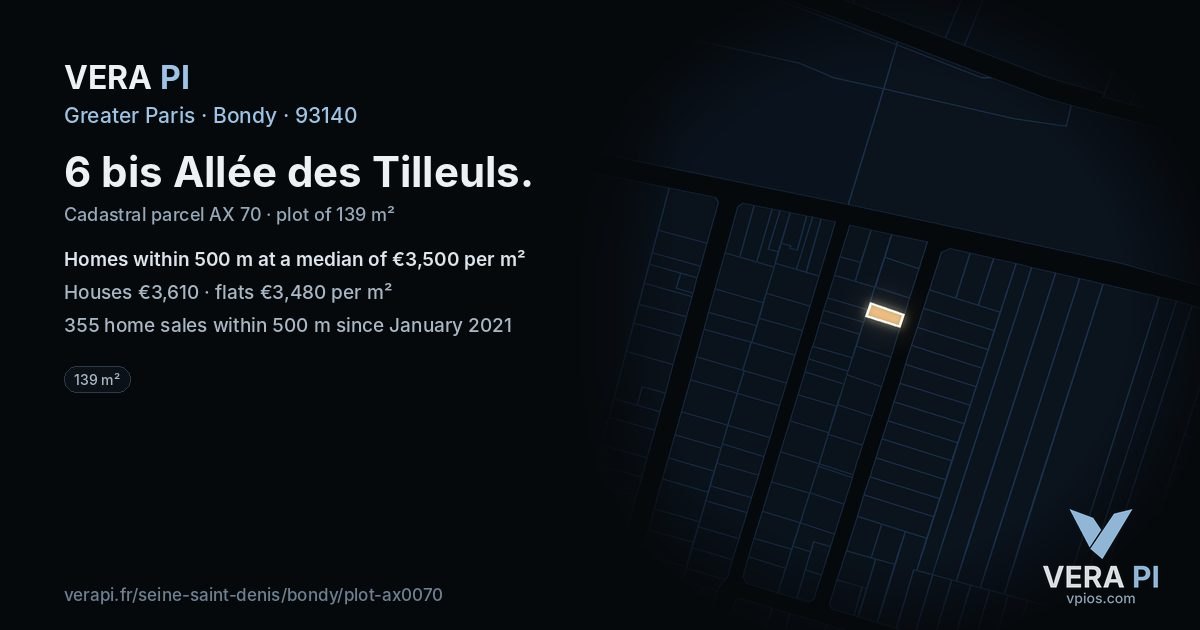 6 bis Allée des Tilleuls, Bondy at night – the plot lit, the parcels around coloured by the prices near them