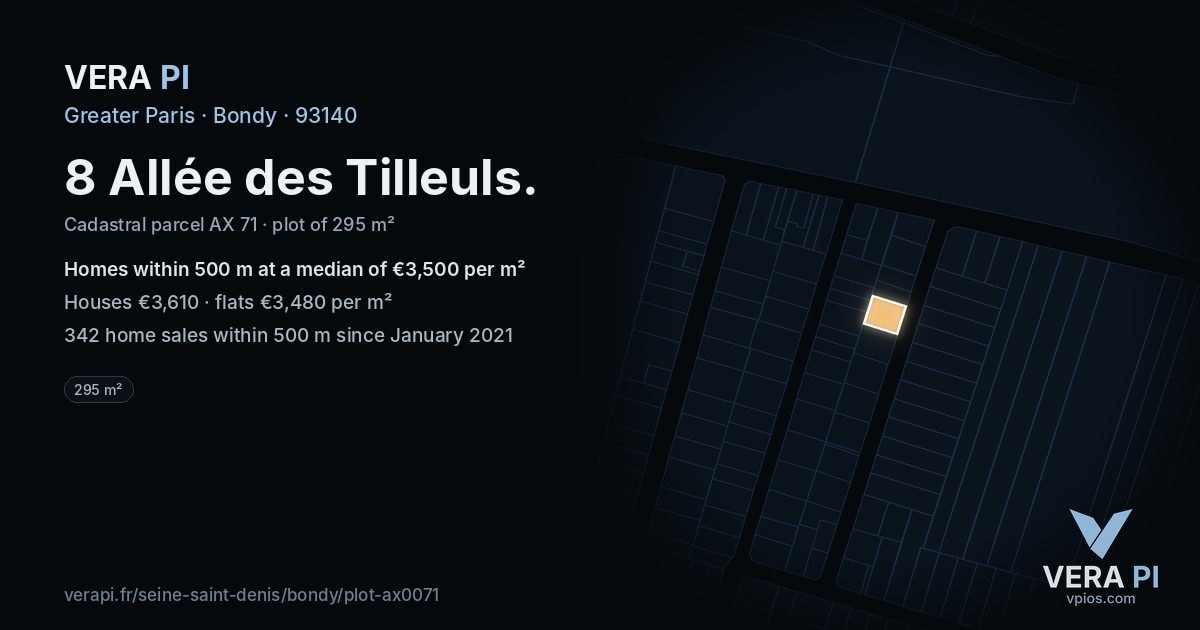 8 Allée des Tilleuls, Bondy at night – the plot lit, the parcels around coloured by the prices near them