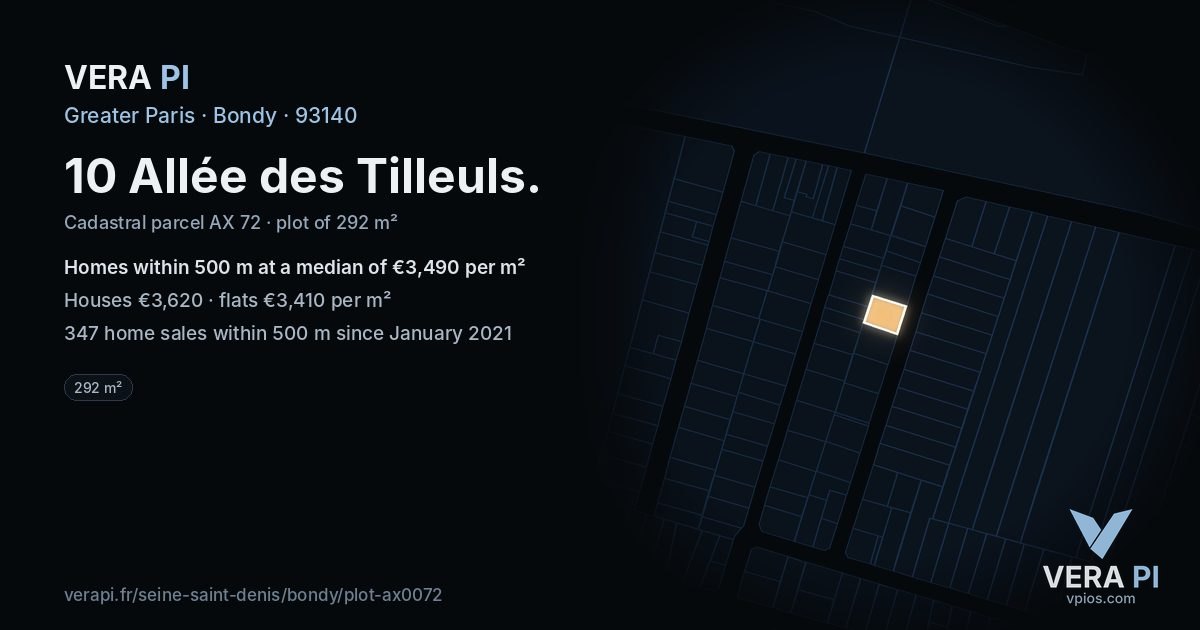 10 Allée des Tilleuls, Bondy at night – the plot lit, the parcels around coloured by the prices near them