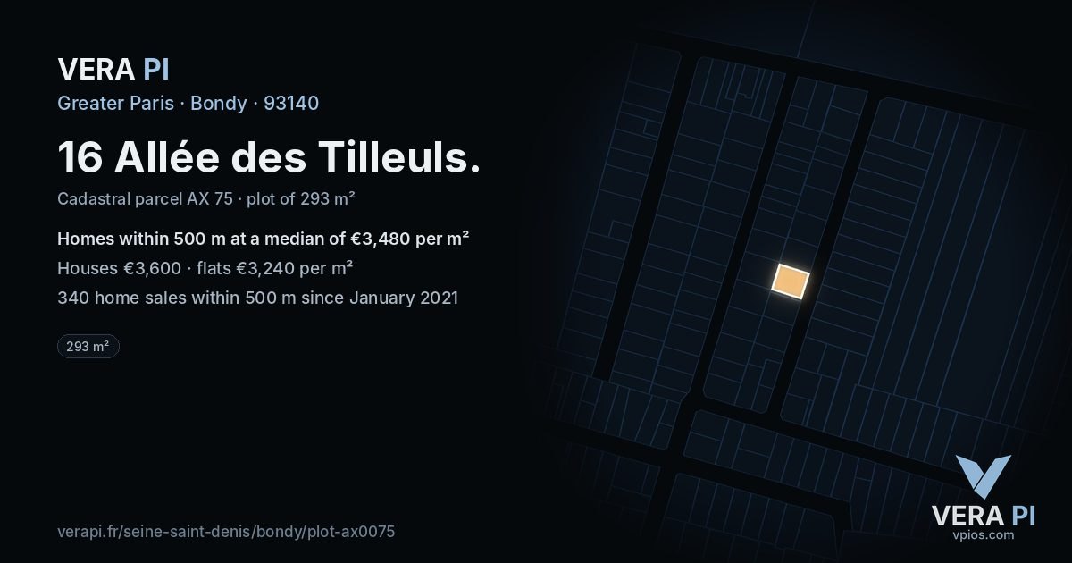 16 Allée des Tilleuls, Bondy at night – the plot lit, the parcels around coloured by the prices near them