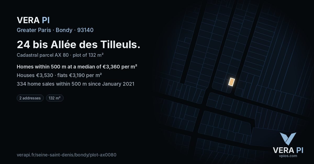 24 bis Allée des Tilleuls, Bondy at night – the plot lit, the parcels around coloured by the prices near them