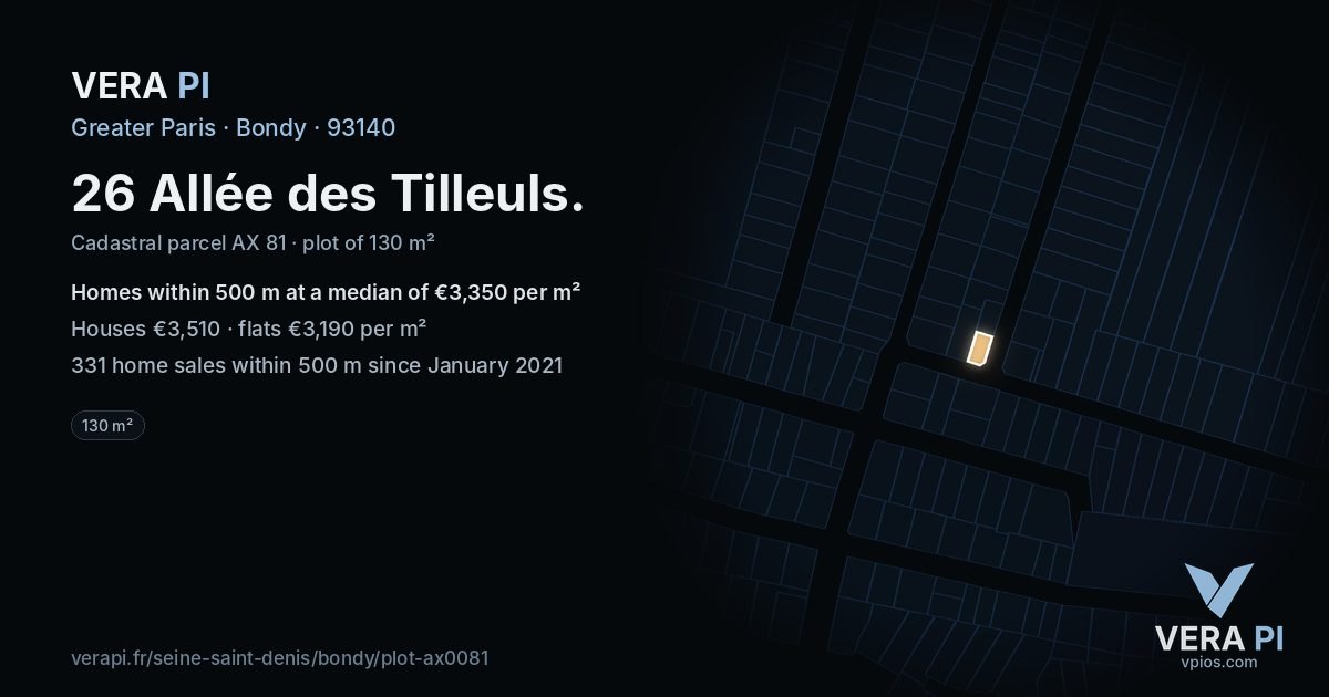 26 Allée des Tilleuls, Bondy at night – the plot lit, the parcels around coloured by the prices near them