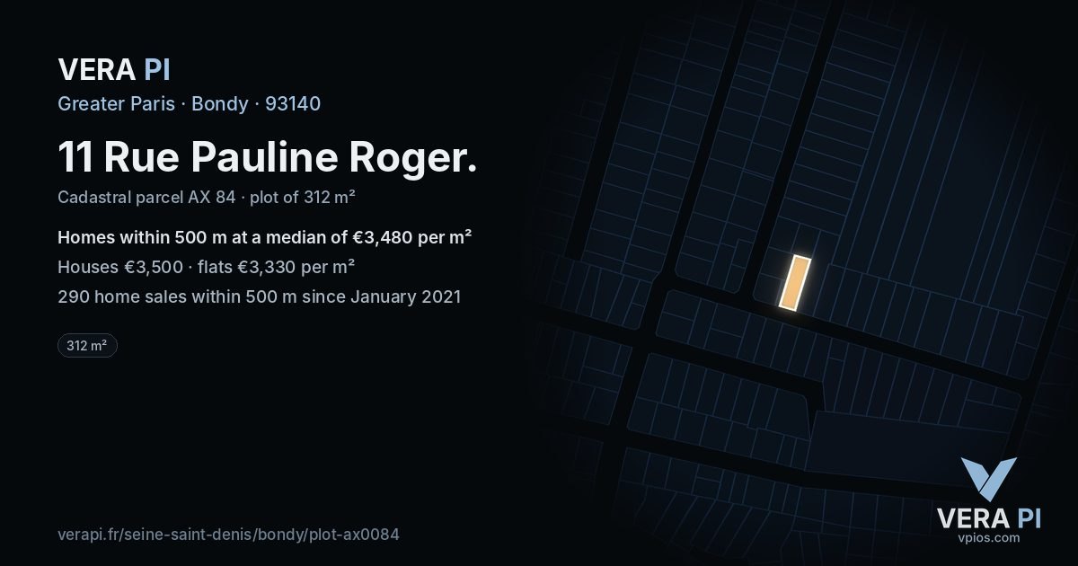 11 Rue Pauline Roger, Bondy at night – the plot lit, the parcels around coloured by the prices near them