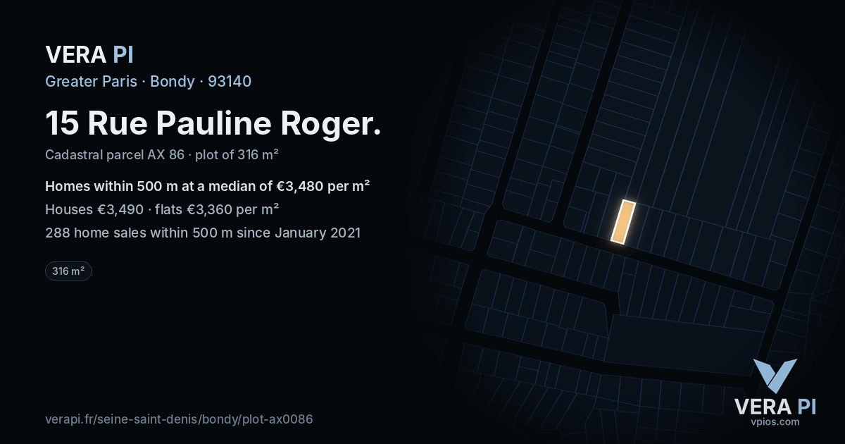 15 Rue Pauline Roger, Bondy at night – the plot lit, the parcels around coloured by the prices near them