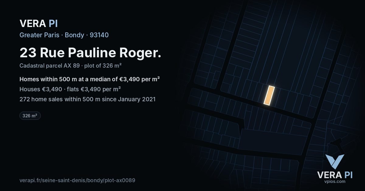 23 Rue Pauline Roger, Bondy at night – the plot lit, the parcels around coloured by the prices near them