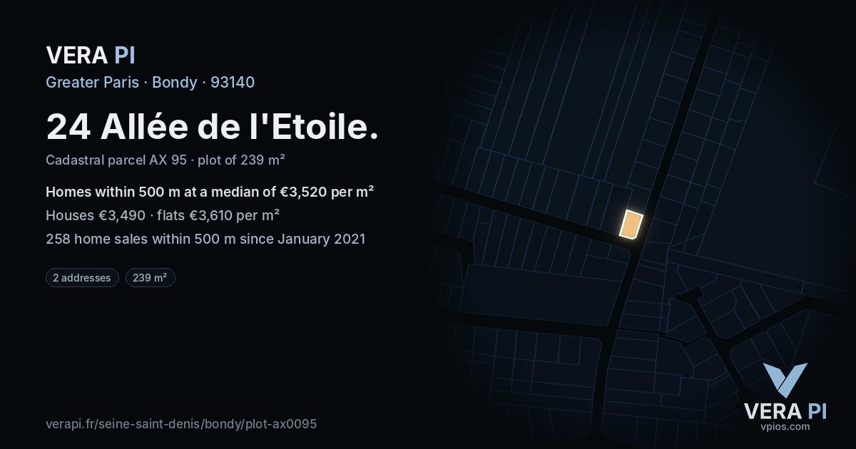 24 Allée de l'Etoile, Bondy at night – the plot lit, the parcels around coloured by the prices near them