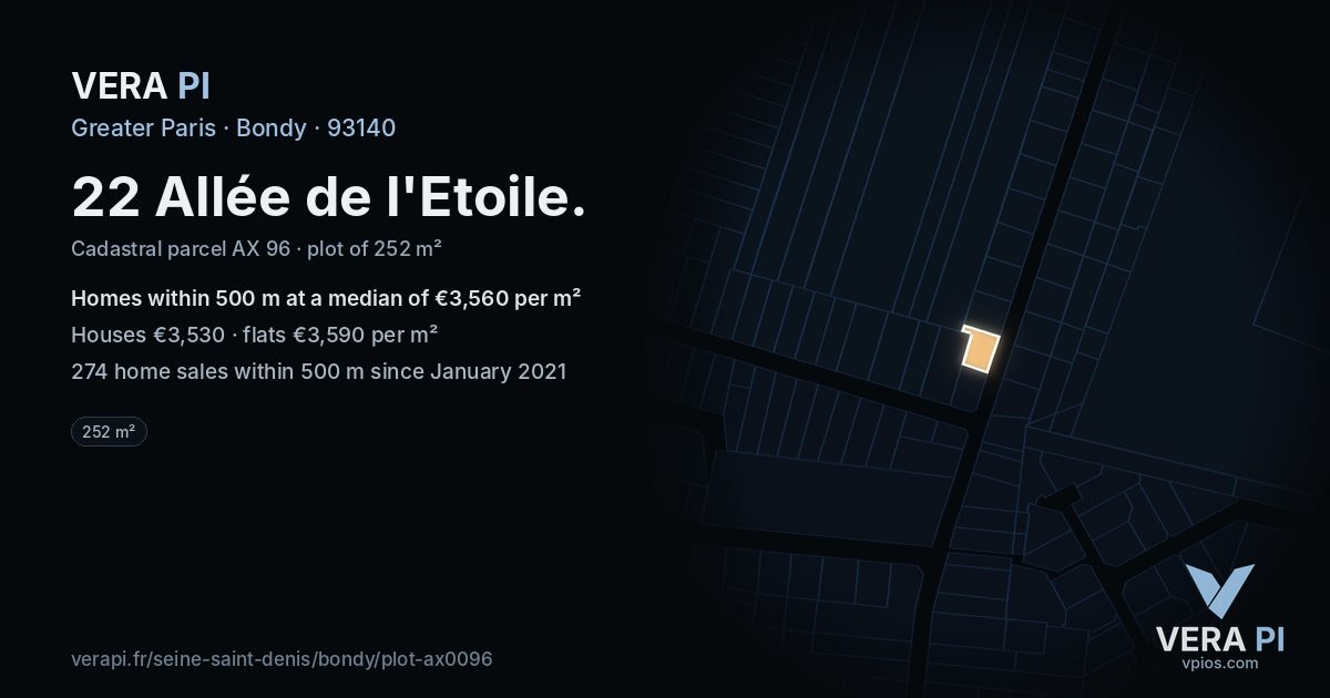 22 Allée de l'Etoile, Bondy at night – the plot lit, the parcels around coloured by the prices near them