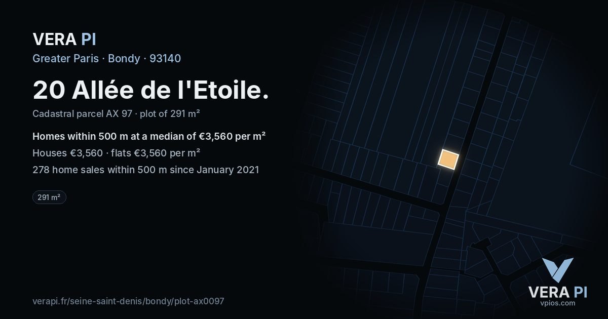 20 Allée de l'Etoile, Bondy at night – the plot lit, the parcels around coloured by the prices near them