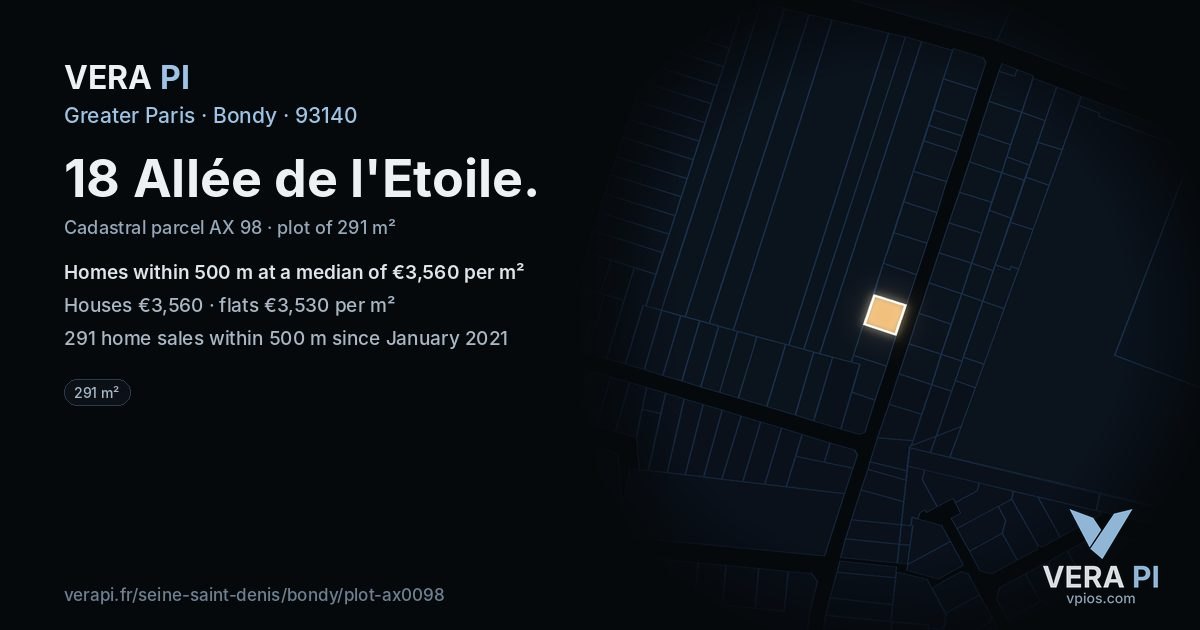 18 Allée de l'Etoile, Bondy at night – the plot lit, the parcels around coloured by the prices near them