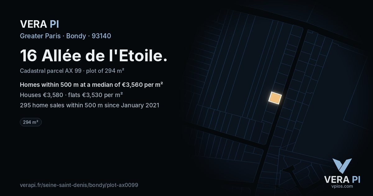 16 Allée de l'Etoile, Bondy at night – the plot lit, the parcels around coloured by the prices near them