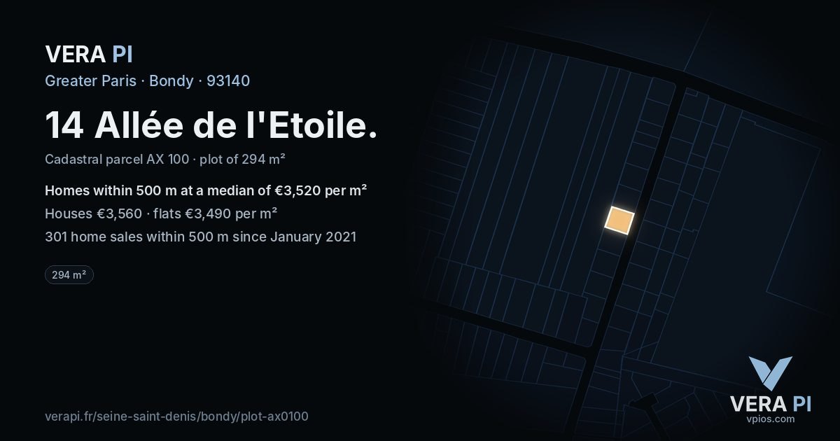 14 Allée de l'Etoile, Bondy at night – the plot lit, the parcels around coloured by the prices near them