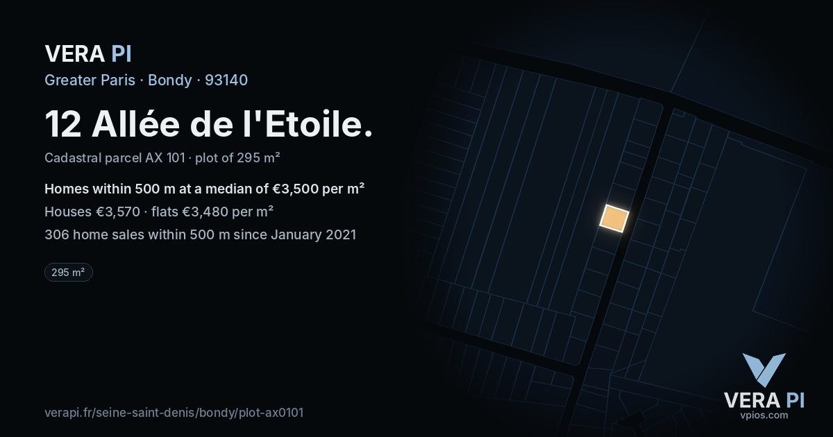 12 Allée de l'Etoile, Bondy at night – the plot lit, the parcels around coloured by the prices near them