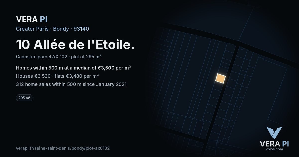 10 Allée de l'Etoile, Bondy at night – the plot lit, the parcels around coloured by the prices near them