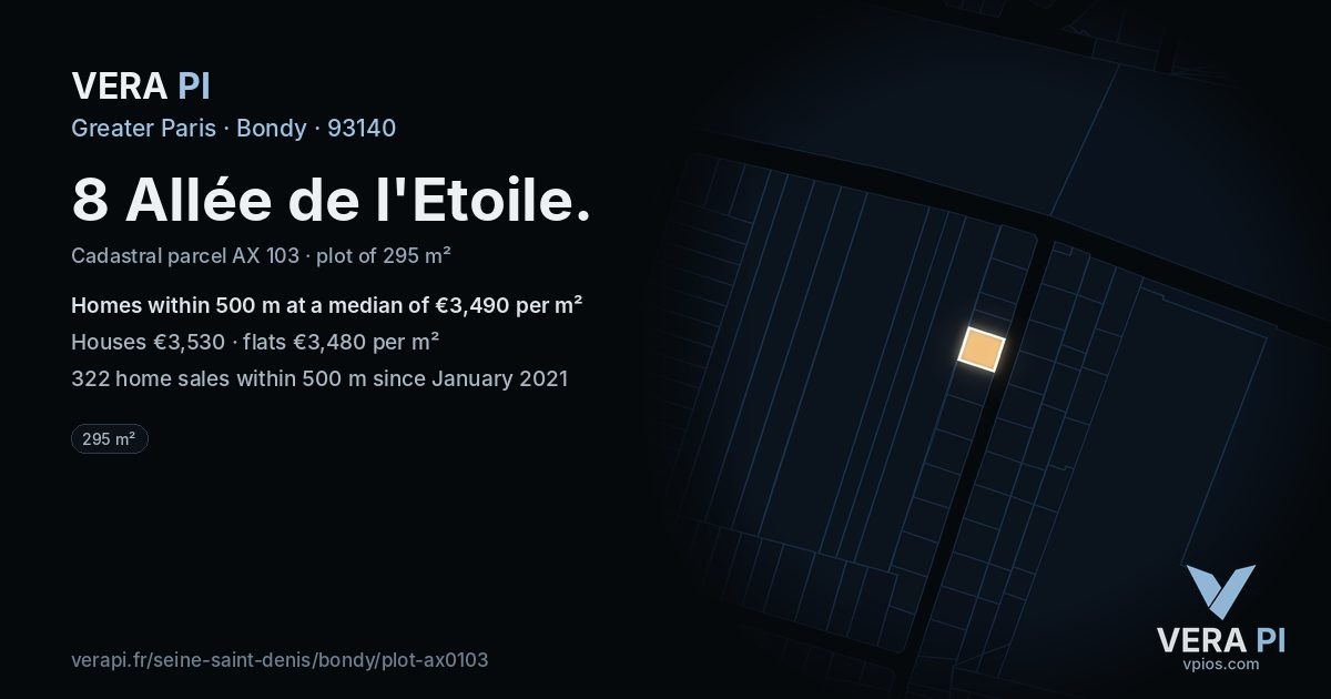 8 Allée de l'Etoile, Bondy at night – the plot lit, the parcels around coloured by the prices near them