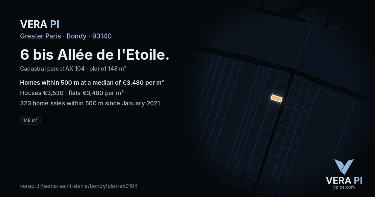6 bis Allée de l'Etoile, Bondy at night – the plot lit, the parcels around coloured by the prices near them