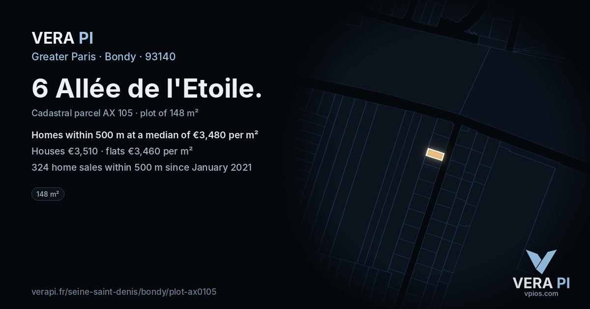 6 Allée de l'Etoile, Bondy at night – the plot lit, the parcels around coloured by the prices near them