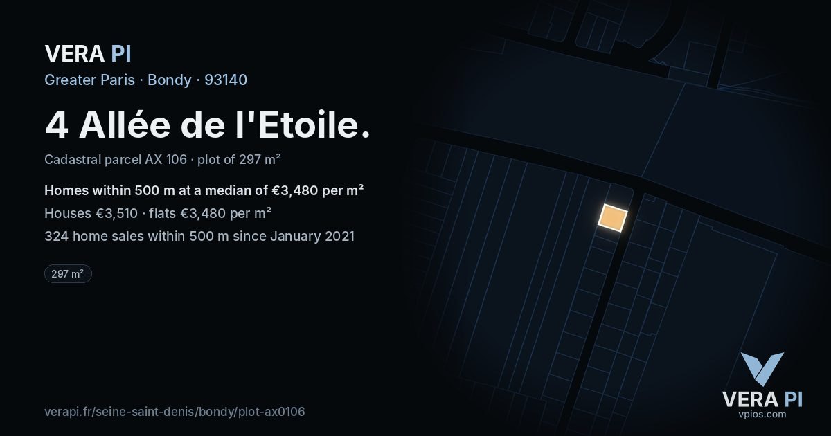 4 Allée de l'Etoile, Bondy at night – the plot lit, the parcels around coloured by the prices near them