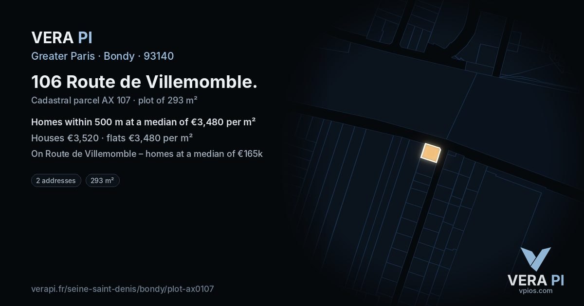 106 Route de Villemomble, Bondy at night – the plot lit, the parcels around coloured by the prices near them