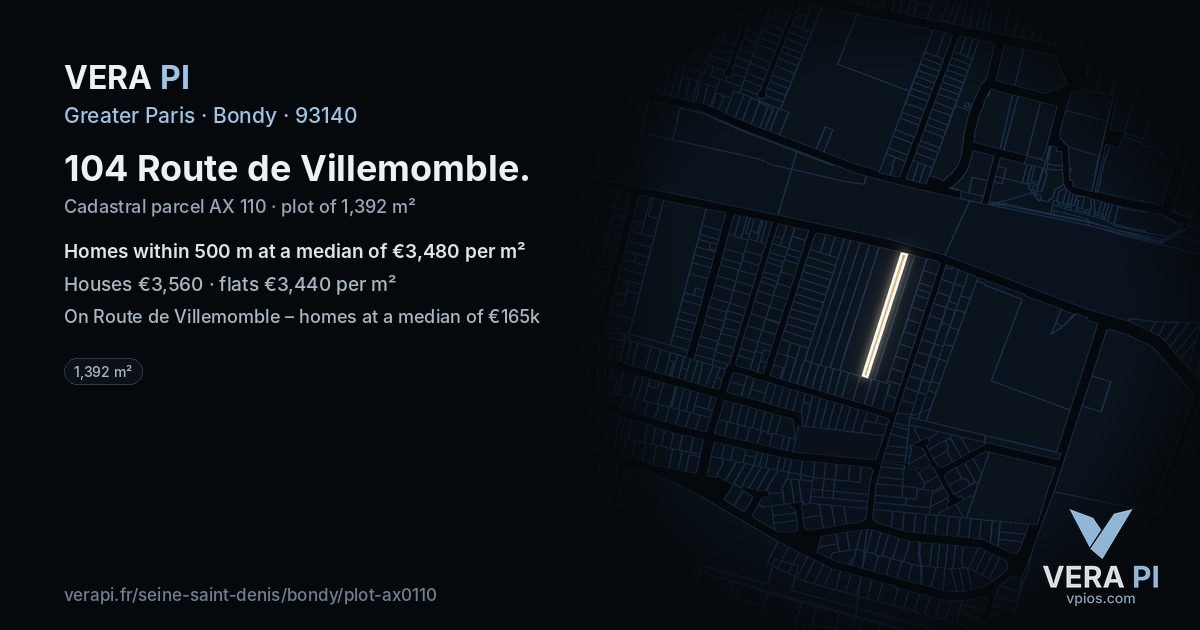 104 Route de Villemomble, Bondy at night – the plot lit, the parcels around coloured by the prices near them