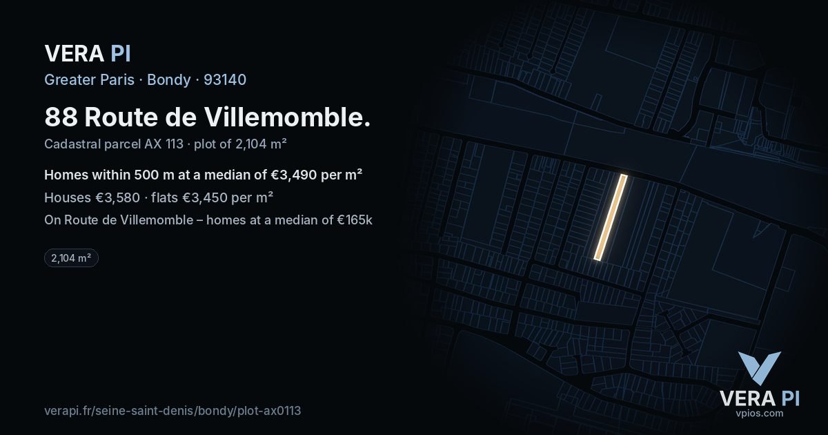 88 Route de Villemomble, Bondy at night – the plot lit, the parcels around coloured by the prices near them